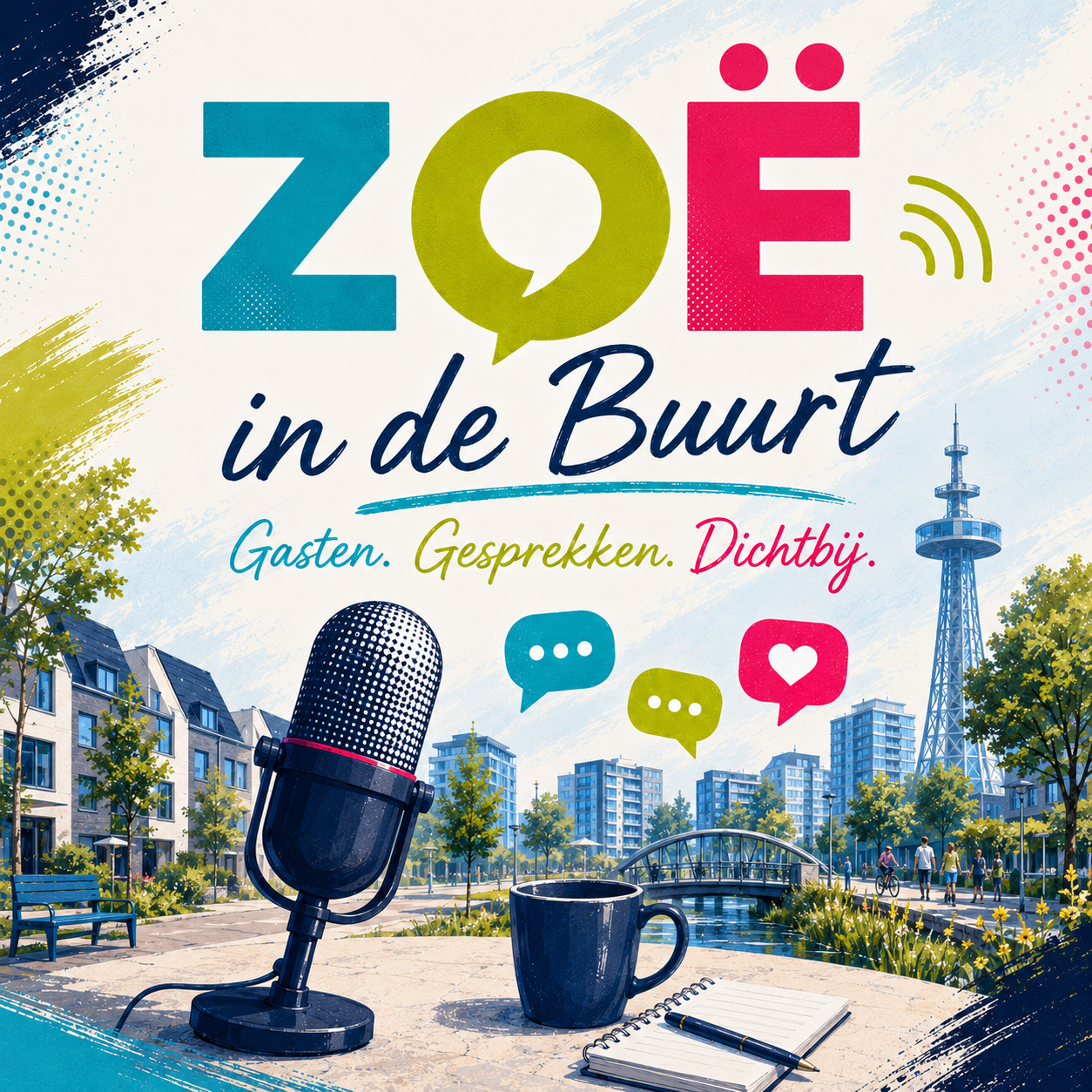 Artwork voor ZOË in de Buurt met de onderregel Gasten. Gesprekken. Dichtbij.